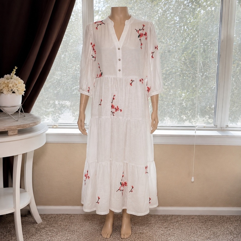 Figueroa & Flower White Embroidered Floral Tiered Midi Dress Womens Large New